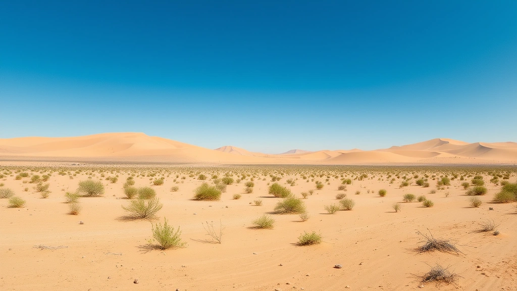 Vast desert landscape with sparse vegetation and sand dunes under clear blue sky, showing extreme aridity and resource scarcity, photorealistic, natural lighting, wide angle perspective