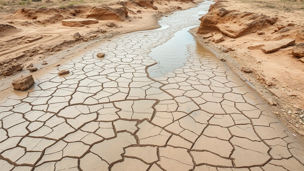 Dry riverbed with cracked earth and eroded banks, showing water scarcity and drought impacts on arid landscapes, photorealistic, natural conditions, environmental degradation visible