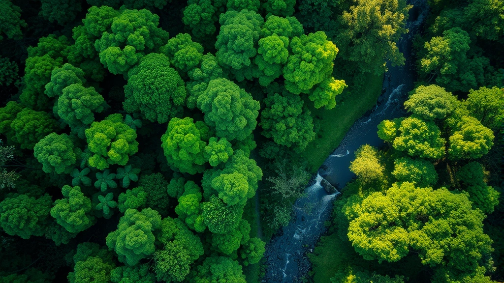 Aerial view of lush green forest canopy with winding river, sunlight filtering through leaves, vibrant ecosystem demonstrating environmental health and natural capital value