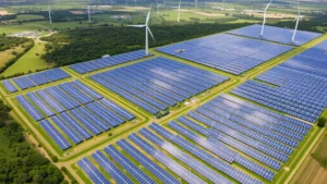 Aerial view of solar panel farm sprawling across green landscape with wind turbines in distance, demonstrating renewable energy infrastructure and sustainable development