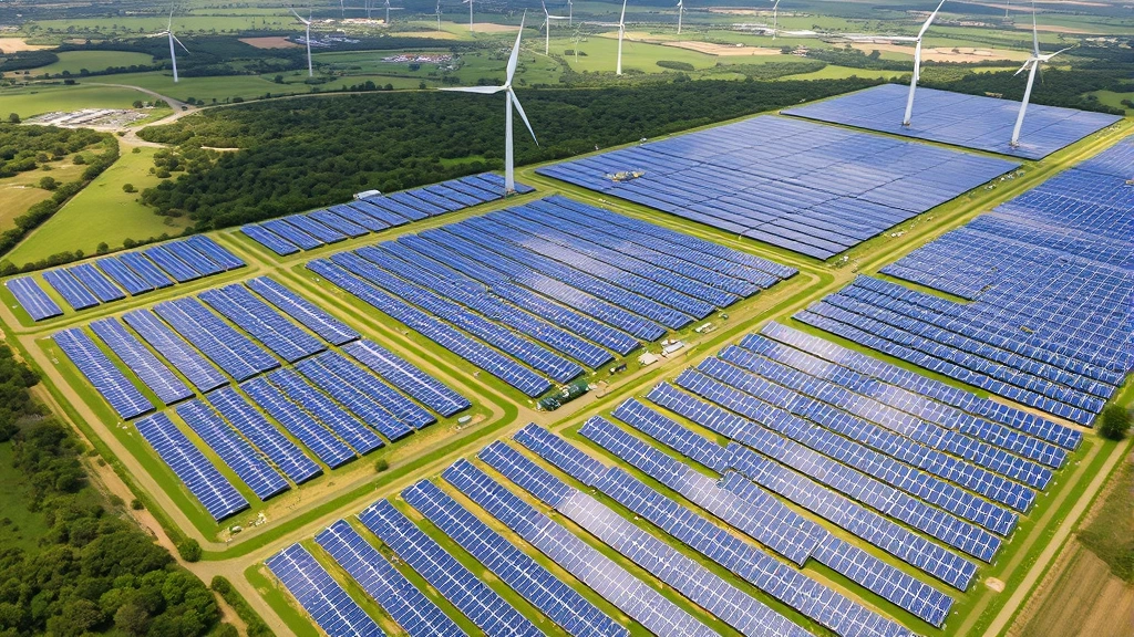 Aerial view of solar panel farm sprawling across green landscape with wind turbines in distance, demonstrating renewable energy infrastructure and sustainable development
