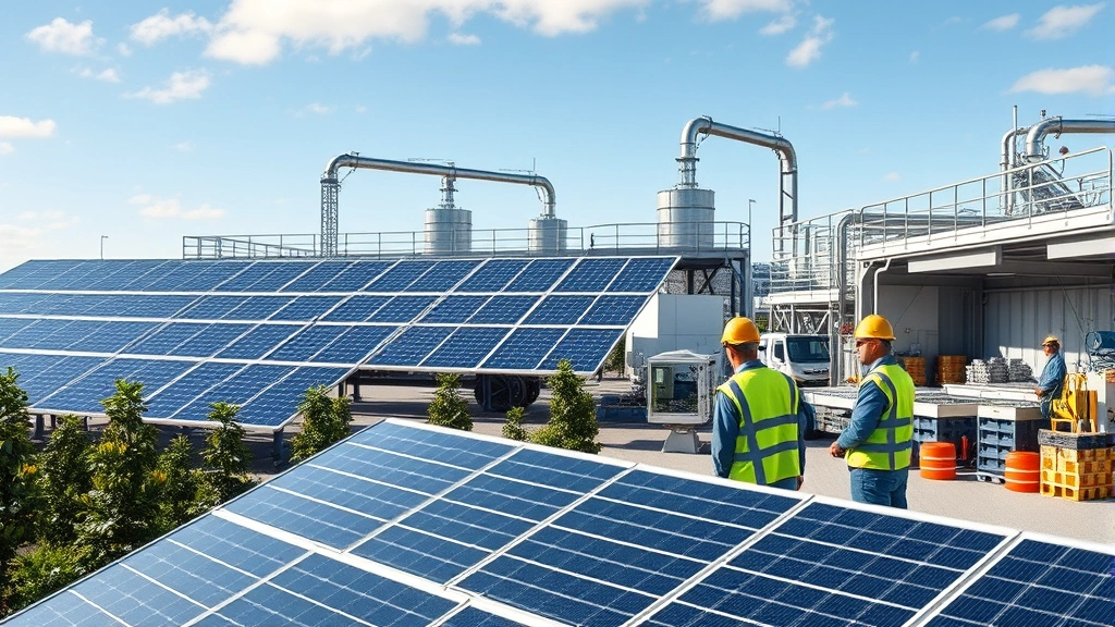 Modern sustainable manufacturing facility with solar panels, workers monitoring clean production systems, renewable energy infrastructure, green industrial innovation in action