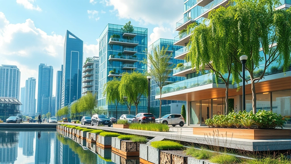 Modern sustainable city with green buildings, electric vehicles charging, urban gardens, and clean water systems reflecting environmental awareness integration