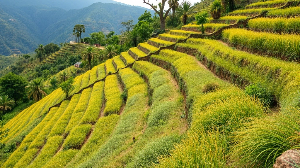 Diverse community in developing nation practicing sustainable agriculture, terraced hillside farming with native plants, water conservation systems, environmental stewardship improving local prosperity