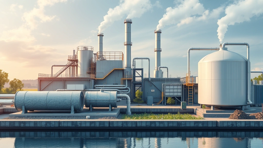 Factory with advanced water treatment systems and circular economy processes, showing waste converted to resources with minimal environmental impact