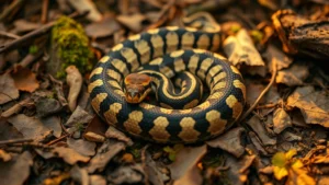 Ball python coiled on natural forest floor substrate with leaf litter, moss, and decomposing wood, warm golden lighting suggesting natural habitat microclimate, photorealistic wildlife photography