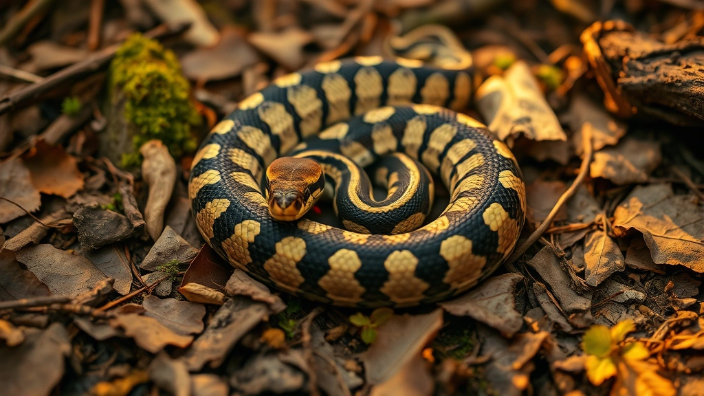 Ball python coiled on natural forest floor substrate with leaf litter, moss, and decomposing wood, warm golden lighting suggesting natural habitat microclimate, photorealistic wildlife photography