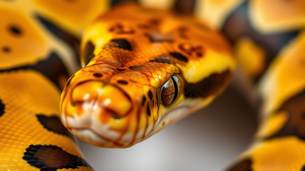 Close-up of healthy ball python displaying vibrant pattern and clear eye, smooth skin texture, alert posture suggesting optimal health and psychological wellbeing in proper captive conditions