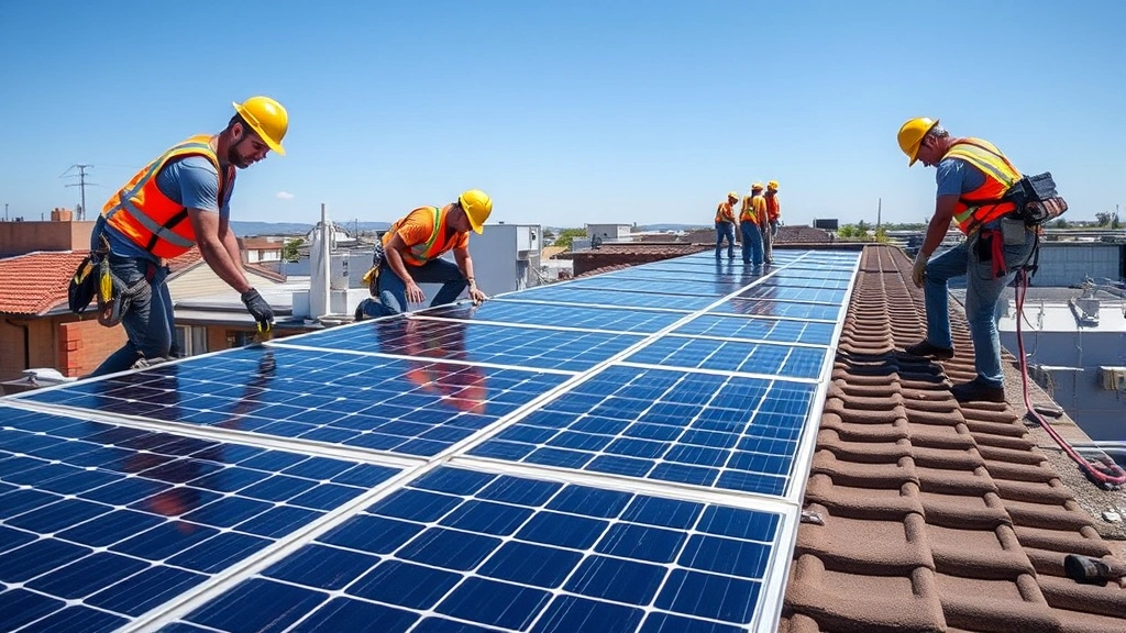 Solar panel installers working on rooftop in bright daylight, multiple workers in safety gear positioning panels, urban residential setting with clear blue sky, photorealistic documentary style, showing labor-intensive green job activity