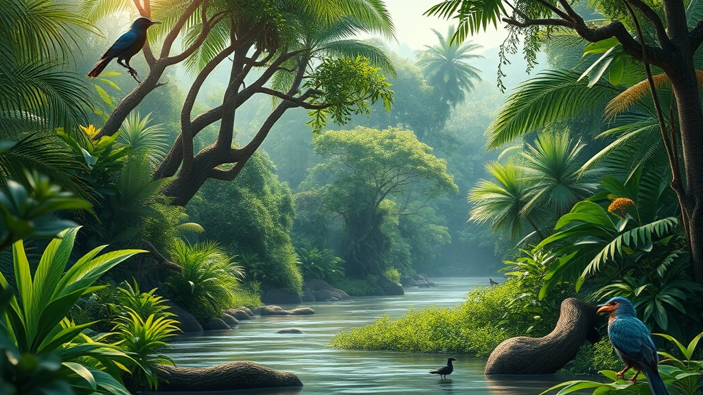 Diverse tropical forest ecosystem with canopy layers, flowing water, wildlife including birds and insects, lush vegetation demonstrating ecosystem service provision and economic value of biodiversity, photorealistic natural lighting