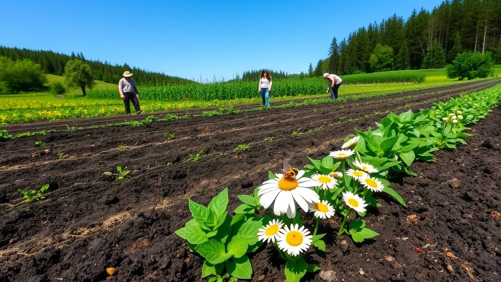 Regenerative farm landscape with healthy dark soil, diverse crops growing together, pollinator insects on flowers, farmers working, forest edge, clear blue sky, demonstrating agricultural productivity and ecosystem health compatibility