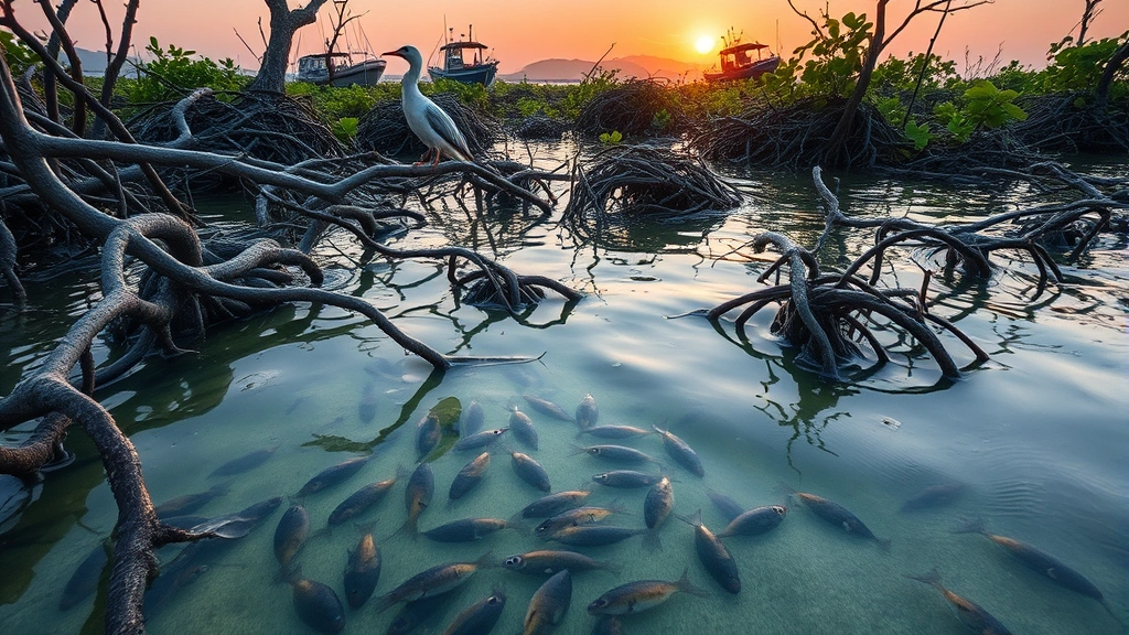 Coastal mangrove ecosystem with twisted roots in water, juvenile fish and crustaceans, birds nesting, fishing boats in background, sunset lighting, showing economic value of natural infrastructure for fisheries and storm protection