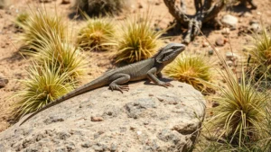 A bearded dragon in its natural Australian arid habitat, basking on a sunlit rock surrounded by spinifex grass and sparse vegetation, photorealistic wildlife photography showing natural behavior
