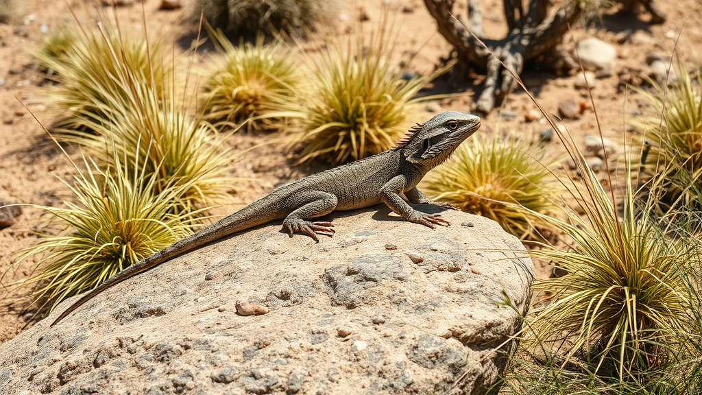 A bearded dragon in its natural Australian arid habitat, basking on a sunlit rock surrounded by spinifex grass and sparse vegetation, photorealistic wildlife photography showing natural behavior