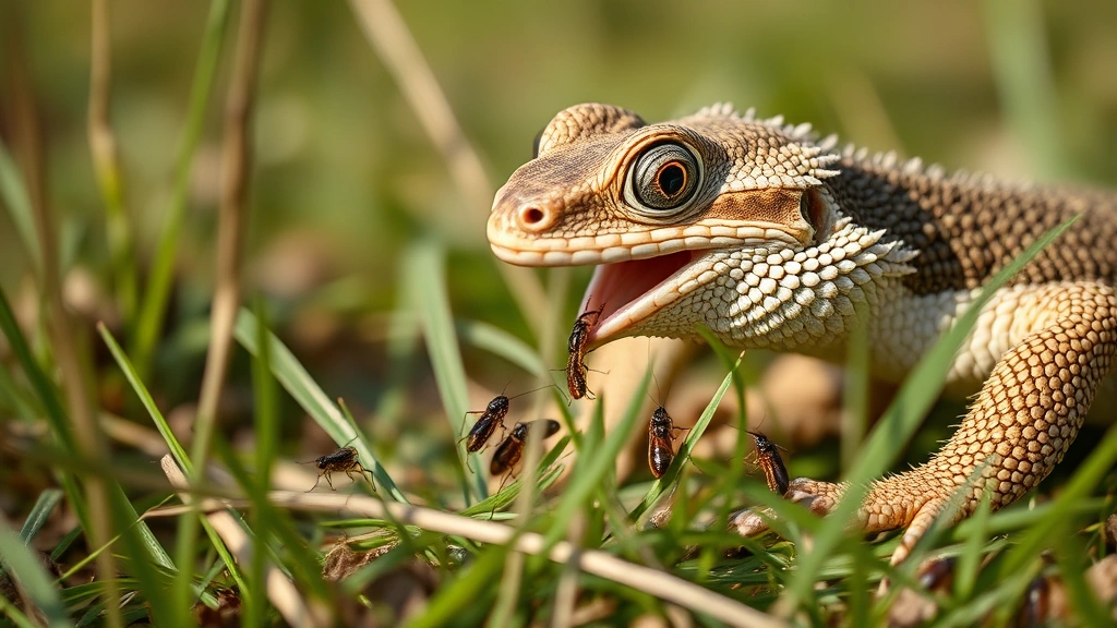 Close-up of a bearded dragon feeding on insects in a natural grassland setting, capturing predator-prey interaction with multiple arthropods visible, natural lighting and authentic ecosystem