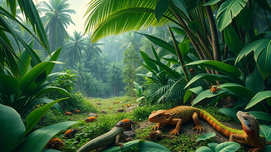 Tropical ecosystem landscape with diverse native reptiles and insects in lush vegetation, representing potential recipient ecosystems where bearded dragon invasion could disrupt established ecological relationships