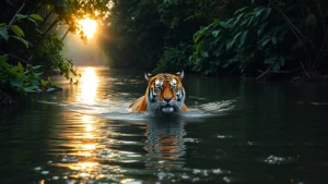 Bengal tiger swimming through river in dense mangrove forest at dawn, water ripples reflecting sunlight, lush green vegetation surrounding, photorealistic wildlife photography