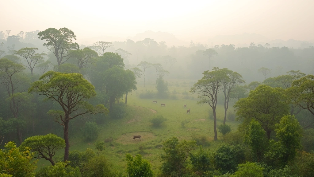 Expansive Indian deciduous forest landscape with sal and teak trees, misty morning atmosphere, patches of grassland with sambar deer visible in distance, ecosystem diversity