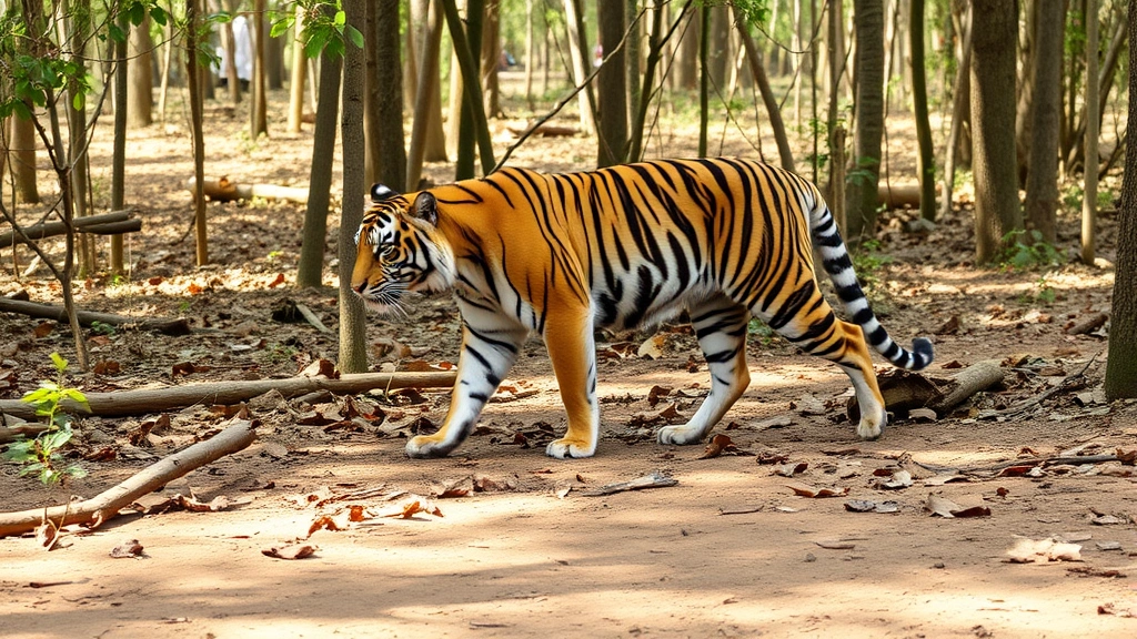 Bengal tiger walking through dry season forest floor with scattered leaves, prey species tracks visible in soil, sunlight filtering through canopy, natural habitat conditions