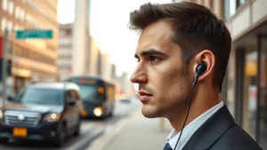 Professional wearing premium earbuds during outdoor business call with city street noise and traffic visible in background, photorealistic modern urban setting, morning natural lighting