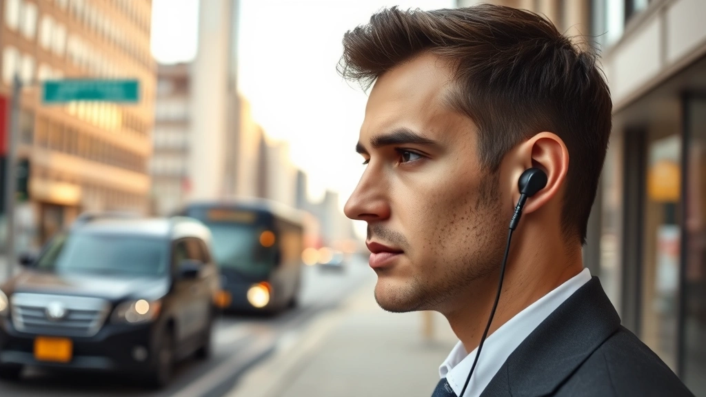 Professional wearing premium earbuds during outdoor business call with city street noise and traffic visible in background, photorealistic modern urban setting, morning natural lighting