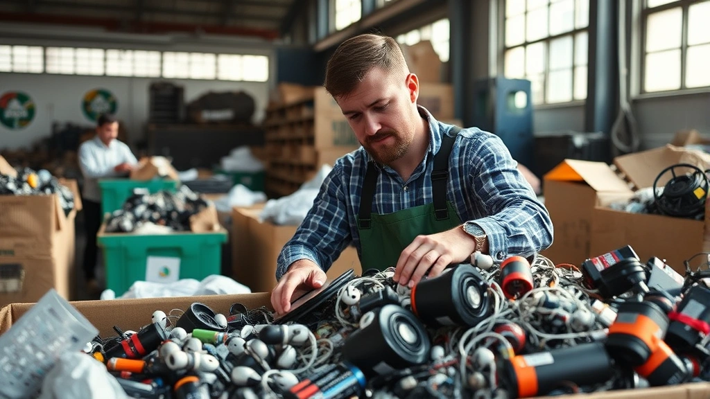 Recycling facility worker sorting electronic waste including used earbuds and batteries, demonstrating e-waste management and circular economy practices, natural lighting in industrial facility