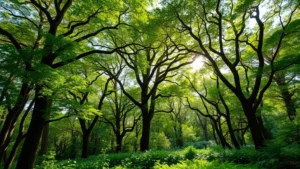 Lush forest canopy with diverse tree species, sunlight filtering through leaves, healthy undergrowth, vibrant green vegetation showing ecosystem richness and carbon sequestration capacity
