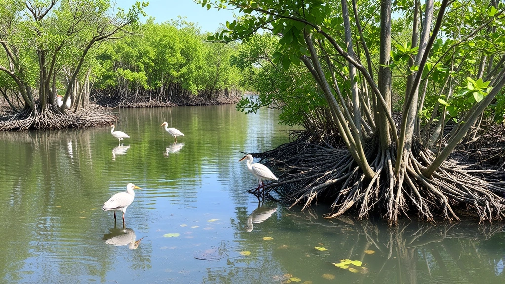 Coastal mangrove forest meeting calm water, intricate root systems visible, birds and fish habitat, demonstrating fisheries support and coastal protection ecosystem services