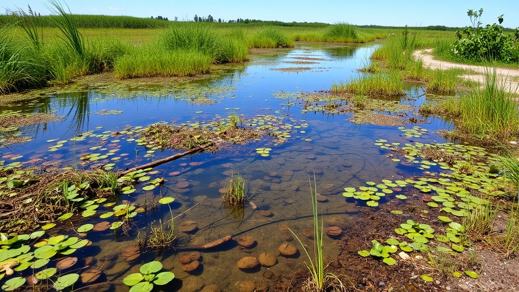 Restored wetland landscape with water, native vegetation, wildlife habitat, clear water quality showing ecosystem recovery and natural water purification services