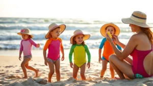 Children playing on sandy beach wearing colorful UV-protective rash guards and wide-brimmed hats, with parents applying mineral sunscreen to exposed skin, tropical ocean waves in background, golden hour sunlight, realistic photography