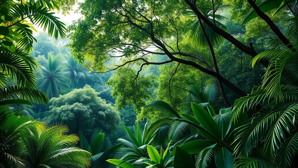 Diverse tropical rainforest canopy with multiple layers of vegetation, sunlight filtering through dense foliage, vibrant green colors, rich biodiversity visible, photorealistic natural lighting, no text or labels