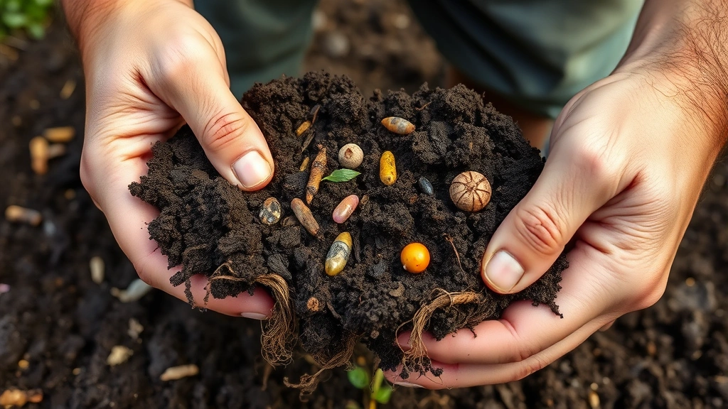 Farmer hands examining healthy dark soil with visible organisms and plant roots, diverse microorganisms visible in soil structure, natural agricultural field background, photorealistic detailed close-up, no text