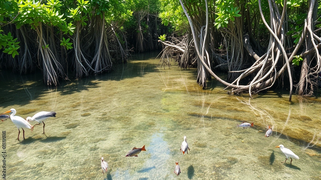 Coastal mangrove forest ecosystem with aerial roots, shallow water, diverse bird species, fish in clear water, lush vegetation, tropical setting, photorealistic natural colors, no text or charts