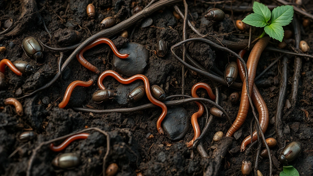 Photorealistic close-up of rich, dark soil teeming with visible earthworms, beetles, and plant roots intertwining, showing microbial activity and decomposition, forest floor ecosystem background, natural lighting, macro photography style, biodiversity underground