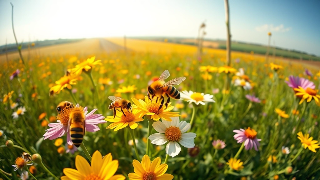 Photorealistic wide-angle view of diverse pollinator insects—honeybees, butterflies, wild bees—actively pollinating flowering wildflower meadow under bright sunlight, vibrant colors, agricultural landscape visible in distance, natural environment, high-quality nature photography