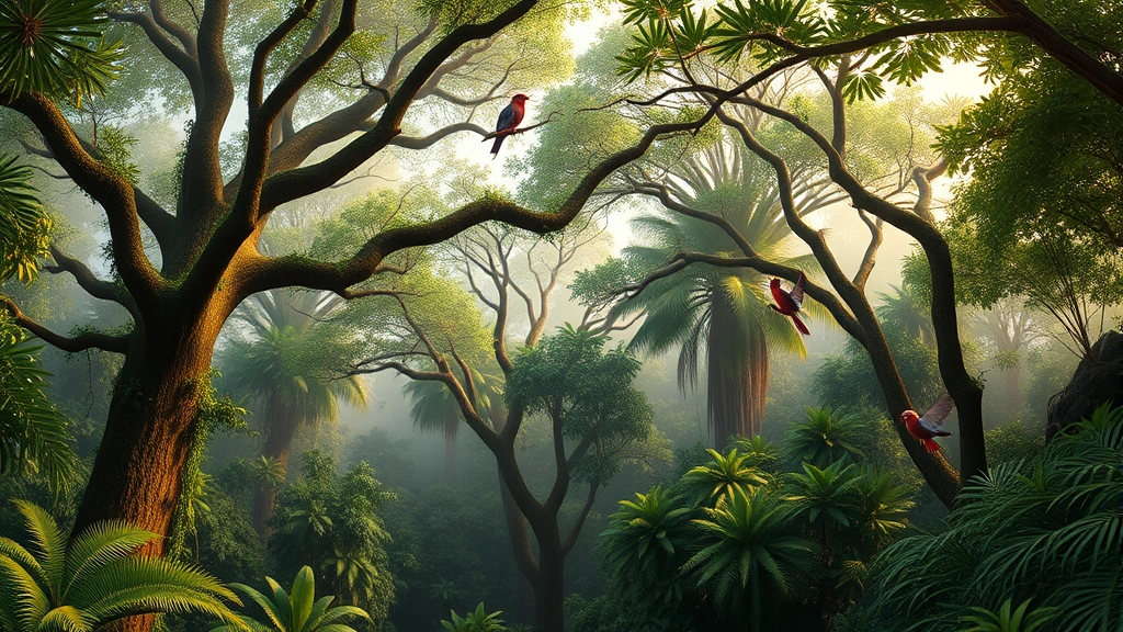 Photorealistic panoramic view of intact tropical forest canopy with multiple tree layers, diverse wildlife visible including birds and insects in branches, lush green vegetation, morning mist, ecosystem complexity evident, pristine natural habitat, professional nature documentary style
