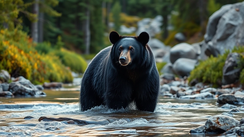 A black bear standing in a pristine mountain stream surrounded by dense forest, water droplets glistening on its fur, lush vegetation and rocky terrain in background, golden hour lighting
