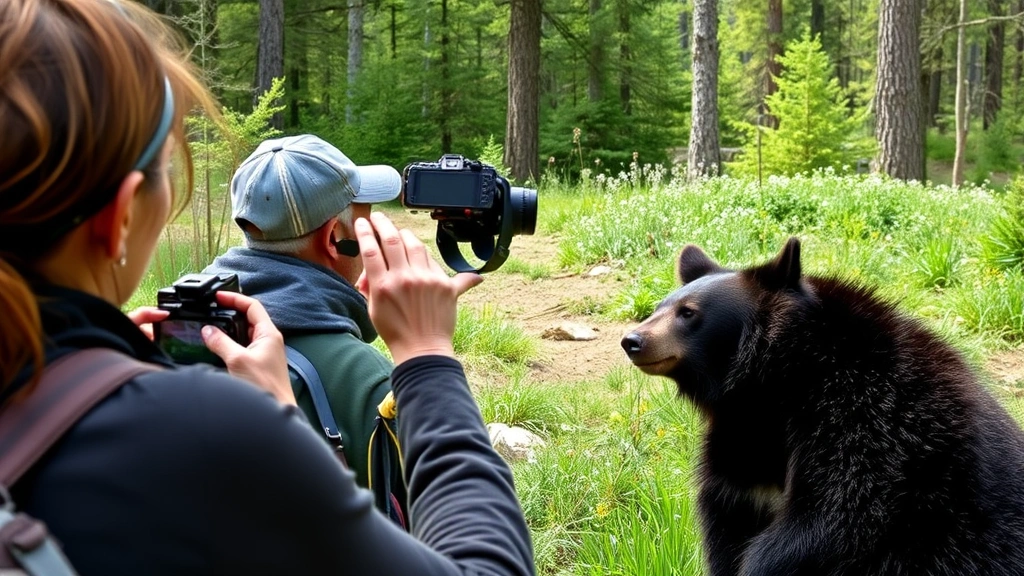 A family of tourists photographing a black bear from safe distance in natural habitat, professional camera equipment visible, forest clearing with wildflowers, clear daylight, genuine wonder on faces