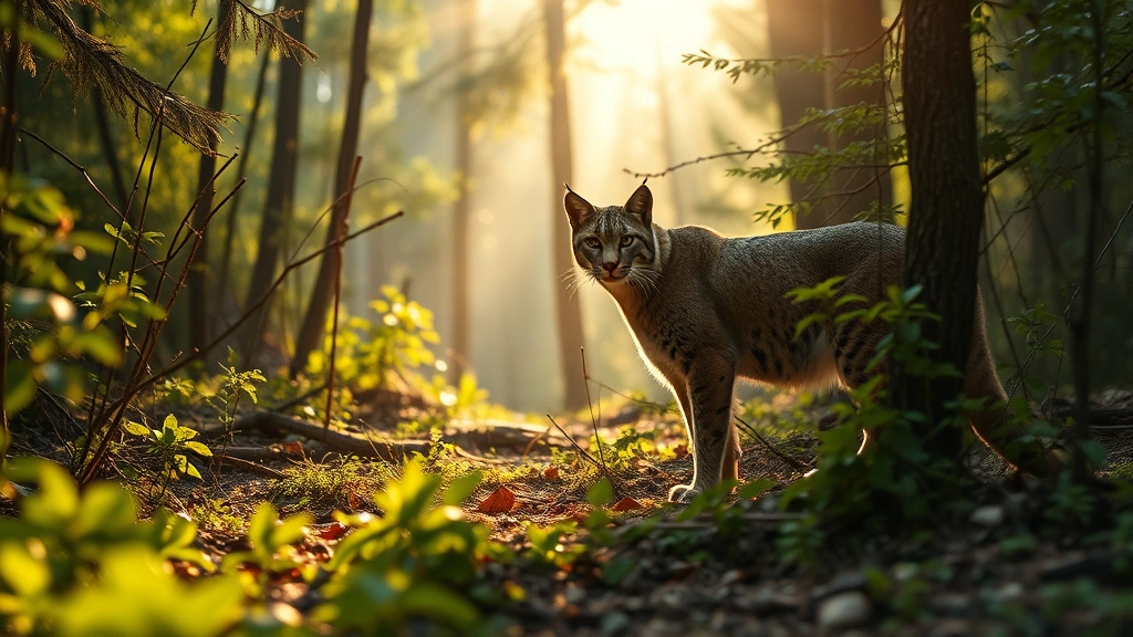 Bobcat in natural habitat with dense forest vegetation and morning light filtering through canopy, hunting ground perspective