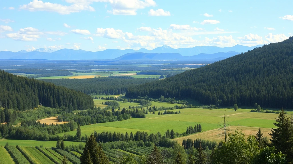 Scenic landscape showing wildlife habitat corridor connecting forest patches across agricultural land with distant mountains