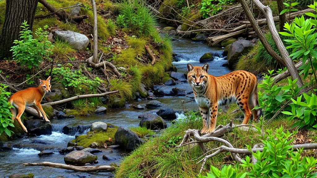 Diverse ecosystem showing bobcat presence with healthy vegetation, streams, and native wildlife coexisting in protected habitat zone