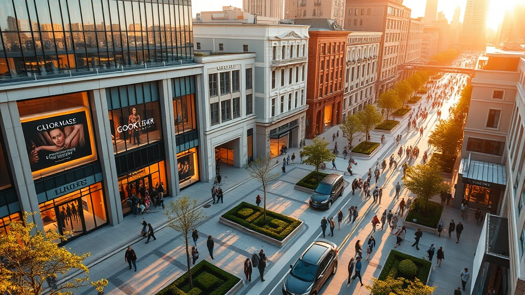 Aerial view of luxury shopping district with flagship retail buildings, manicured landscaping, and busy pedestrian streets filled with diverse shoppers, warm golden sunlight, vibrant urban energy, photorealistic detail