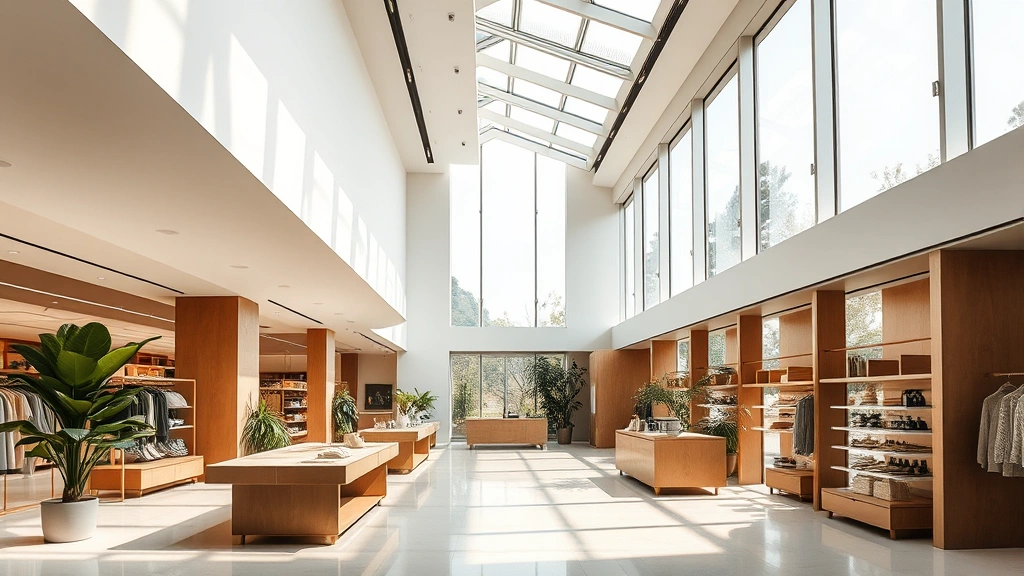 Interior of modern premium retail environment showing minimalist architecture, natural light through floor-to-ceiling windows, sustainable materials, peaceful customer experience, elegant spatial proportions, photorealistic professional photography