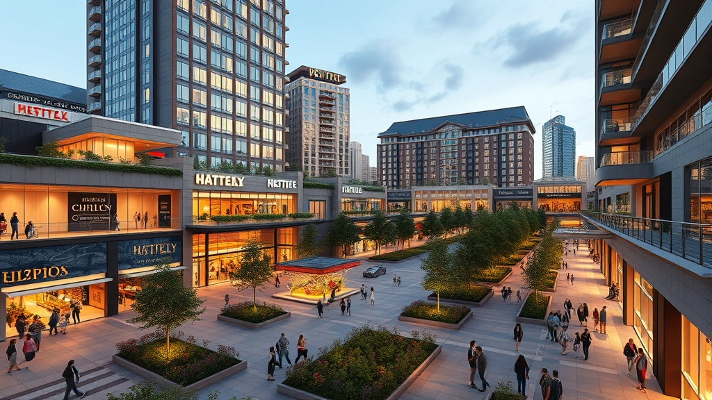 Mixed-use development combining branded retail, hospitality, and residential towers with pedestrian plaza, green spaces, diverse visitors, evening urban lighting, economic vitality and community gathering, photorealistic urban landscape