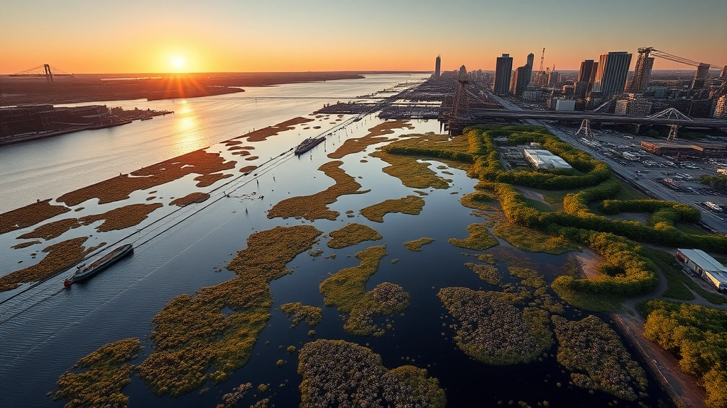 Aerial view of Brooklyn waterfront with restored wetlands, oyster reef structures, and urban greenery meeting industrial waterfront, sunrise lighting, photorealistic, vibrant ecosystem recovery