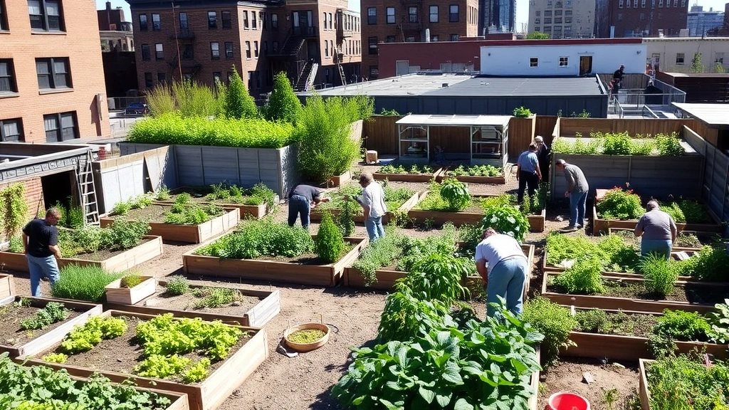 Urban community garden in Brooklyn with residents working raised beds, green roofs visible on surrounding buildings, diverse plant life, natural daylight, people engaged in sustainable food production