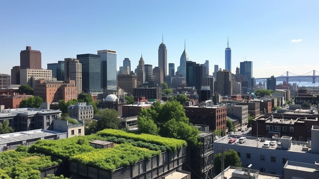 Brooklyn skyline with visible green infrastructure including rain gardens, green roofs, and urban forest canopy contrasting with gray infrastructure, showing ecological-economic integration, natural lighting