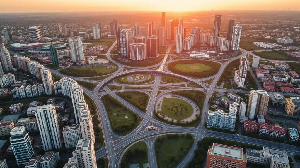 Aerial view of dense urban cityscape with interconnected roads, modern buildings, and parks during golden hour, showing thriving metropolitan economic hub with mixed-use development