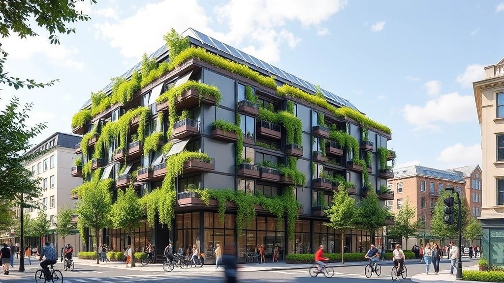 Sustainable green building with solar panels, vertical gardens, and efficient architecture surrounded by pedestrians and cyclists, demonstrating eco-conscious urban development integration