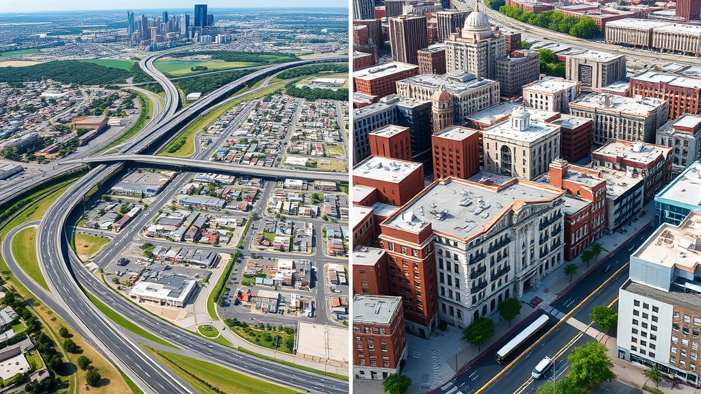 Contrast split image: left side shows sprawling suburban development with highways, right side shows compact walkable urban neighborhood with mixed-use buildings and public transit, illustrating spatial efficiency differences